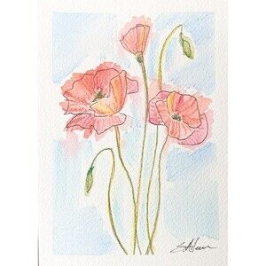 Watercolor Painting Expressive Floral Poppies Blue Sky Impressionist Signed 5x7